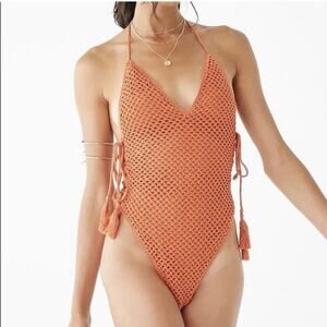 Forever 21 Orange Rust Crochet Halter Bodysuit with Tassels Boho Fest Swimsuit